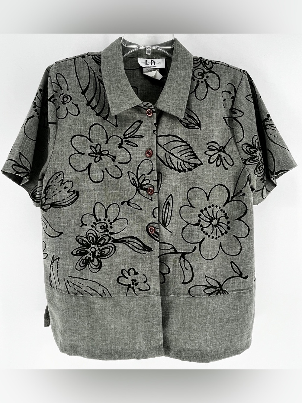 Vintage 90s LA Gal Floral Short Sleeve Button Down Top Grey Linen Blend Sz 12